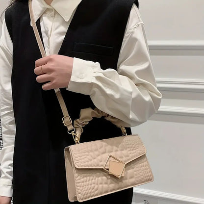 Solid Color Textured Shoulder Bag, Premium Trendy Crocodile