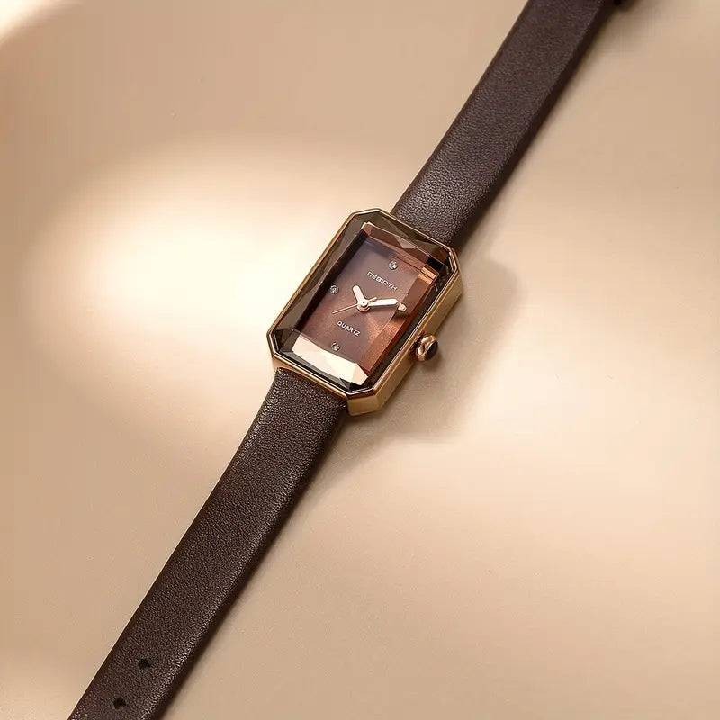 Women's Quartz Watch - Rose Golden Case & Brown PU Leather Strap
