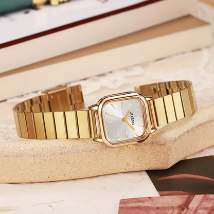 Elegant Golden-Tone Quartz Square Wristwatch for Women