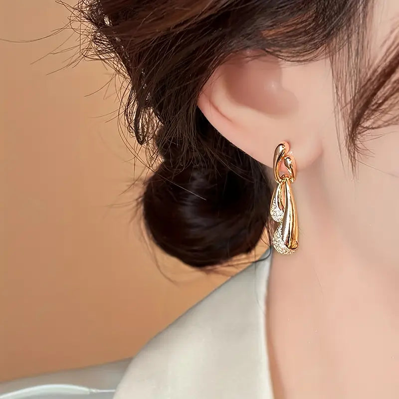 Golden-Tone Drop Earrings with Irregular Glass & Water Droplet Design