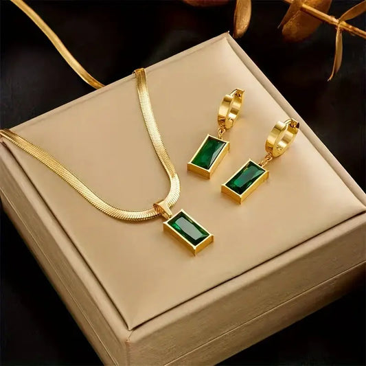18K Golden Plated Stainless Steel with Sparkling Green Synthetic