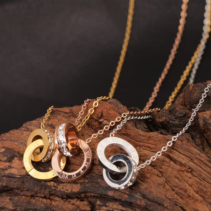 A Stainless Steel 18K Golden Plated Roman Numeral Double Circle Pendant