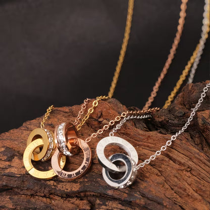 A Stainless Steel 18K Golden Plated Roman Numeral Double Circle Pendant