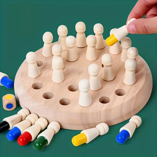 Educational Wooden Memory Matching Game - Chess Board with Colorful Pegs