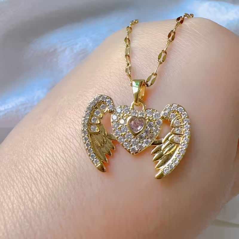18K Gold Plated Vacuum Electroplated Heart with Flying Wings Pendant Stainless