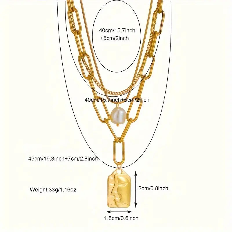 Punk Street Trend Stainless Steel 3-Layer Square Portrait Pendant Necklace for Women