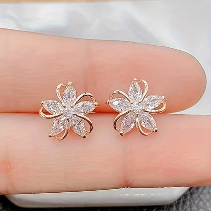 Women's Cubic Flower Stud Earrings - Elegant Vintage -Looking Flower Jewelry