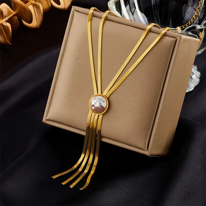 Stainless Steel Multi-Layer Necklace with Four-Tail Design & Imitation Pearl Pendant