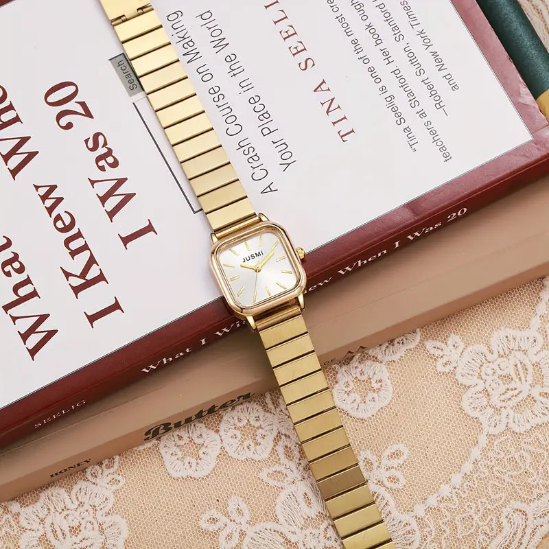 Elegant Golden-Tone Quartz Square Wristwatch for Women