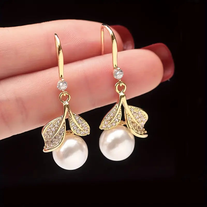 Vintage-Inspired Zinc Alloy Leaf & Faux Pearl Drop Earrings with Copper Posts