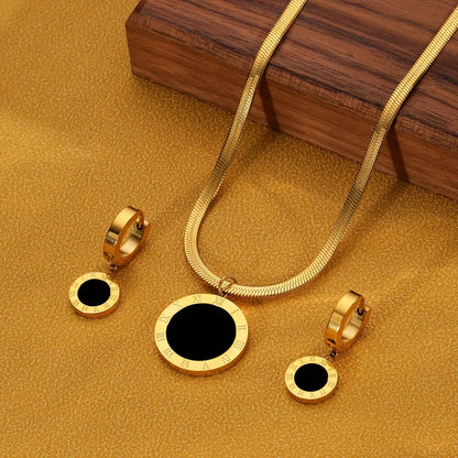 Three-Piece Retro Fashion Necklace and Earrings Set, 18K Gold Plated, Round Roman Pendant