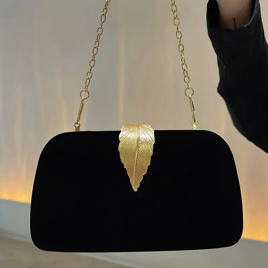 Evening Clutch Purse with Golden Leaf Design - Synthetic Leather Handbag