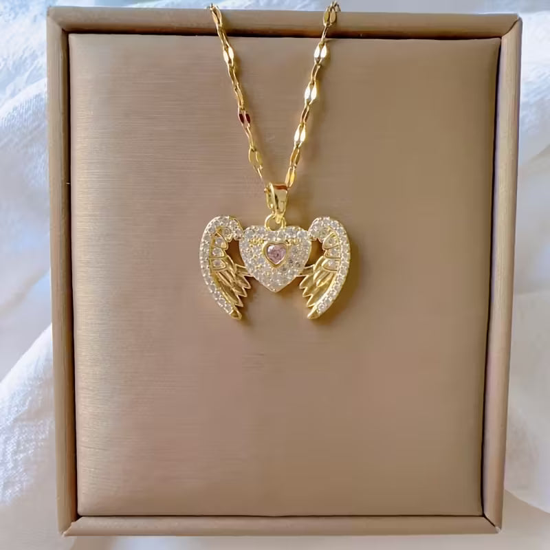 18K Gold Plated Vacuum Electroplated Heart with Flying Wings Pendant Stainless