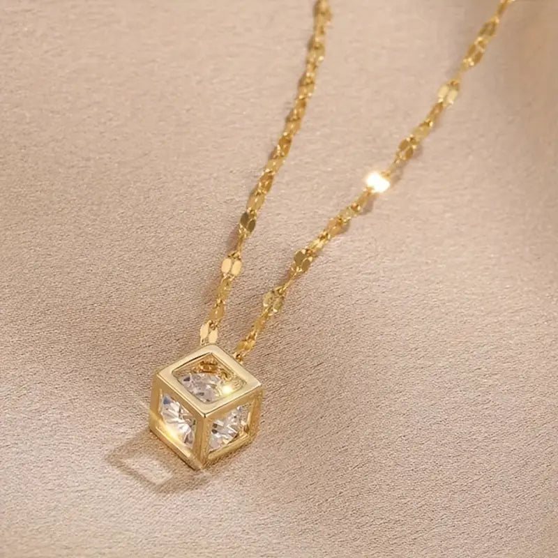 Gold-Plated Stainless Steel Magic Cube Pendant with Sparkling Synthetic Zirconia
