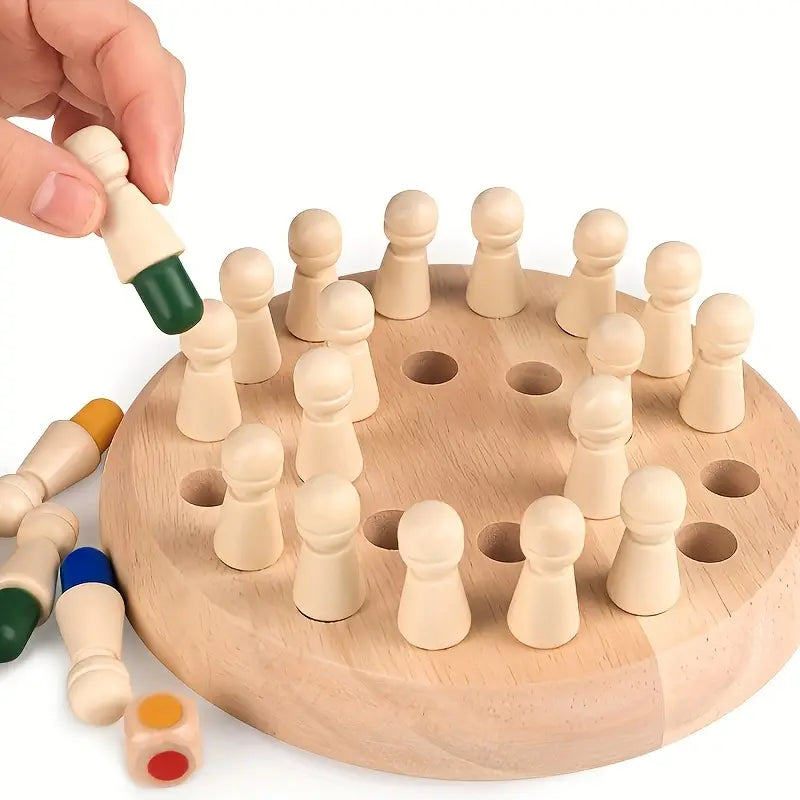 Educational Wooden Memory Matching Game - Chess Board with Colorful Pegs