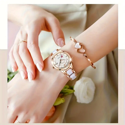 Luxury Ceramic Women's Watch with Rose Golden Case & White Dial