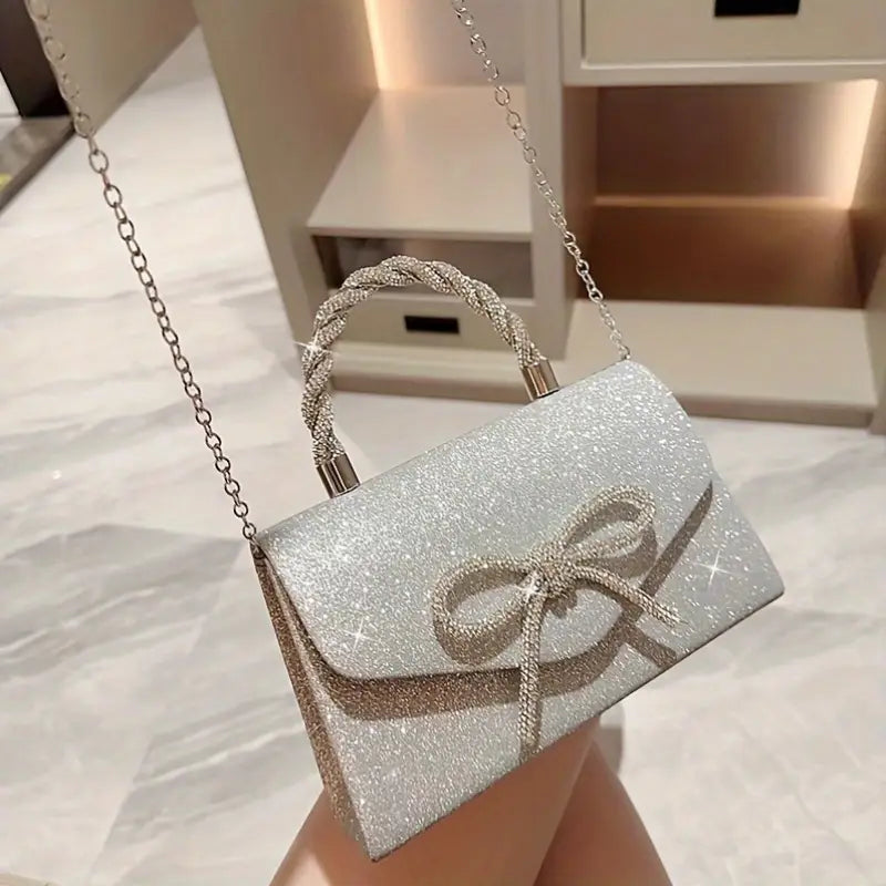 Elegant Evening Clutch with Diamond-Studded Bow