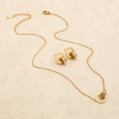 Exquisite And Charming Double Ring Stainless Steel Women's Earring Necklace Set