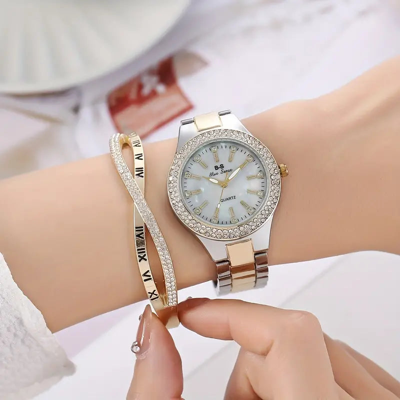 Steel Strap With Drill Ladies Bar Nail Watch With Cross Bracelet