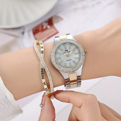 Steel Strap With Drill Ladies Bar Nail Watch With Cross Bracelet