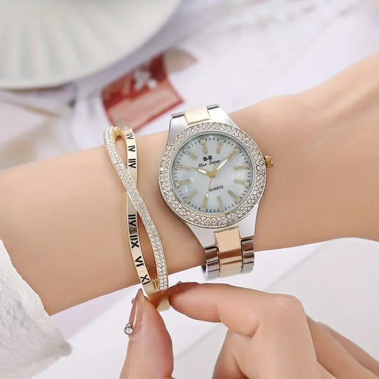 Steel Strap With Drill Ladies Bar Nail Watch With Cross Bracelet