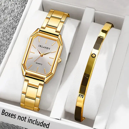 Women's Roman Quartz Watch and Heart Bracelet Set - Square Case, Analog Display