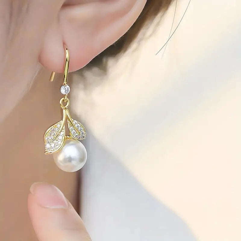 Vintage-Inspired Zinc Alloy Leaf & Faux Pearl Drop Earrings with Copper Posts