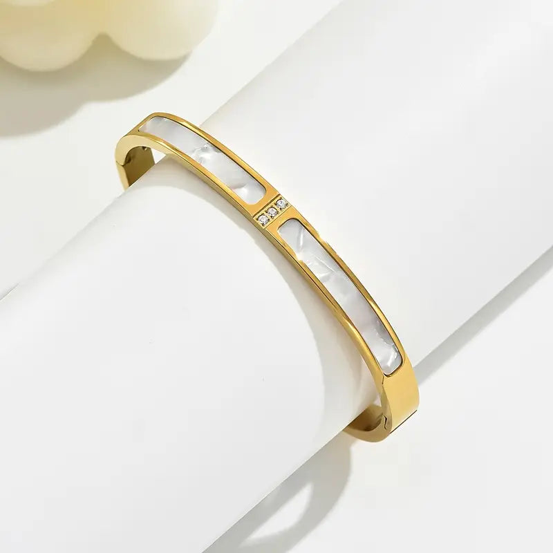 Golden Plated Stainless Steel Bangle with Rhinestones and Gemstones