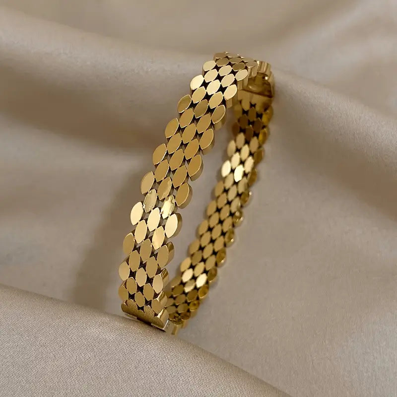 Steel Multi-Layer Oval Geometric Bangle Bracelet - Golden-Tone Unisex Jewelry
