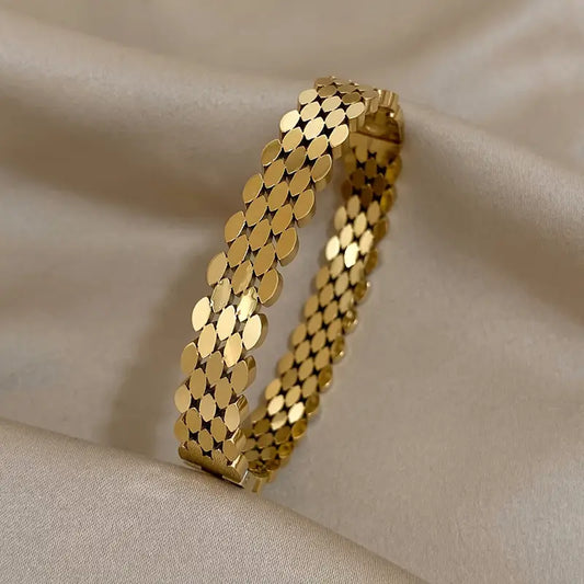 Steel Multi-Layer Oval Geometric Bangle Bracelet - Golden-Tone Unisex Jewelry