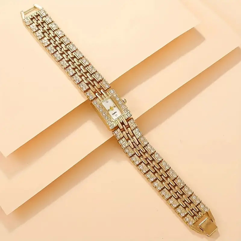 Elegant Ladies' Gold-Tone Square Rhinestone Embellished Quartz Wrist Watch Set