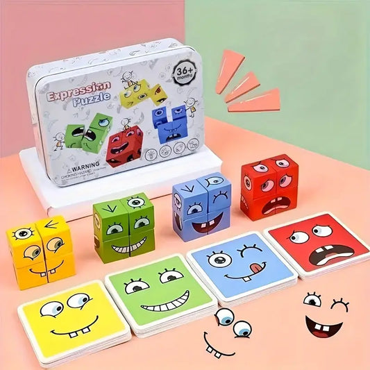 Desktop Battle Game Wooden joyful Face Pattern Building Blocks Puzzle Toy
