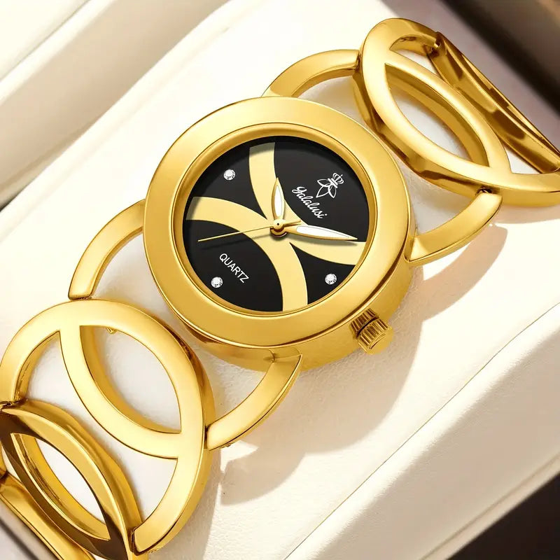 Hollow Circle Design Watch with Rhinestone Accents, Luminous Black Dial