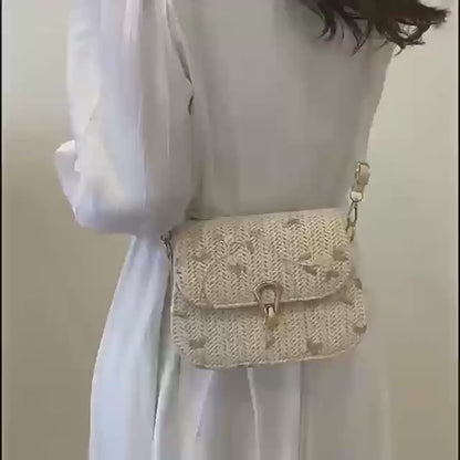 Stylish Mini Straw Crossbody Bag with Flower Lace