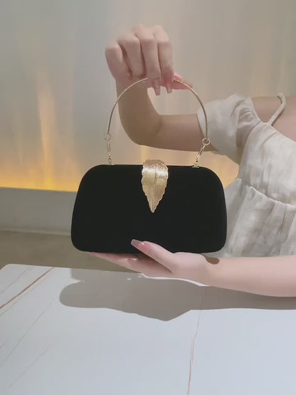 Evening Clutch Purse with Golden Leaf Design - Synthetic Leather Handbag