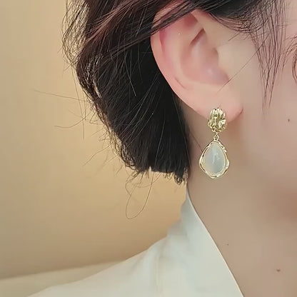 Golden Oval Drop Earrings, Premium Irregular Synthetic Dangle Earrings