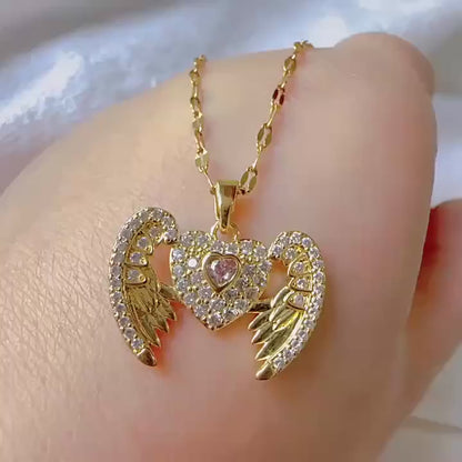 18K Gold Plated Vacuum Electroplated Heart with Flying Wings Pendant Stainless